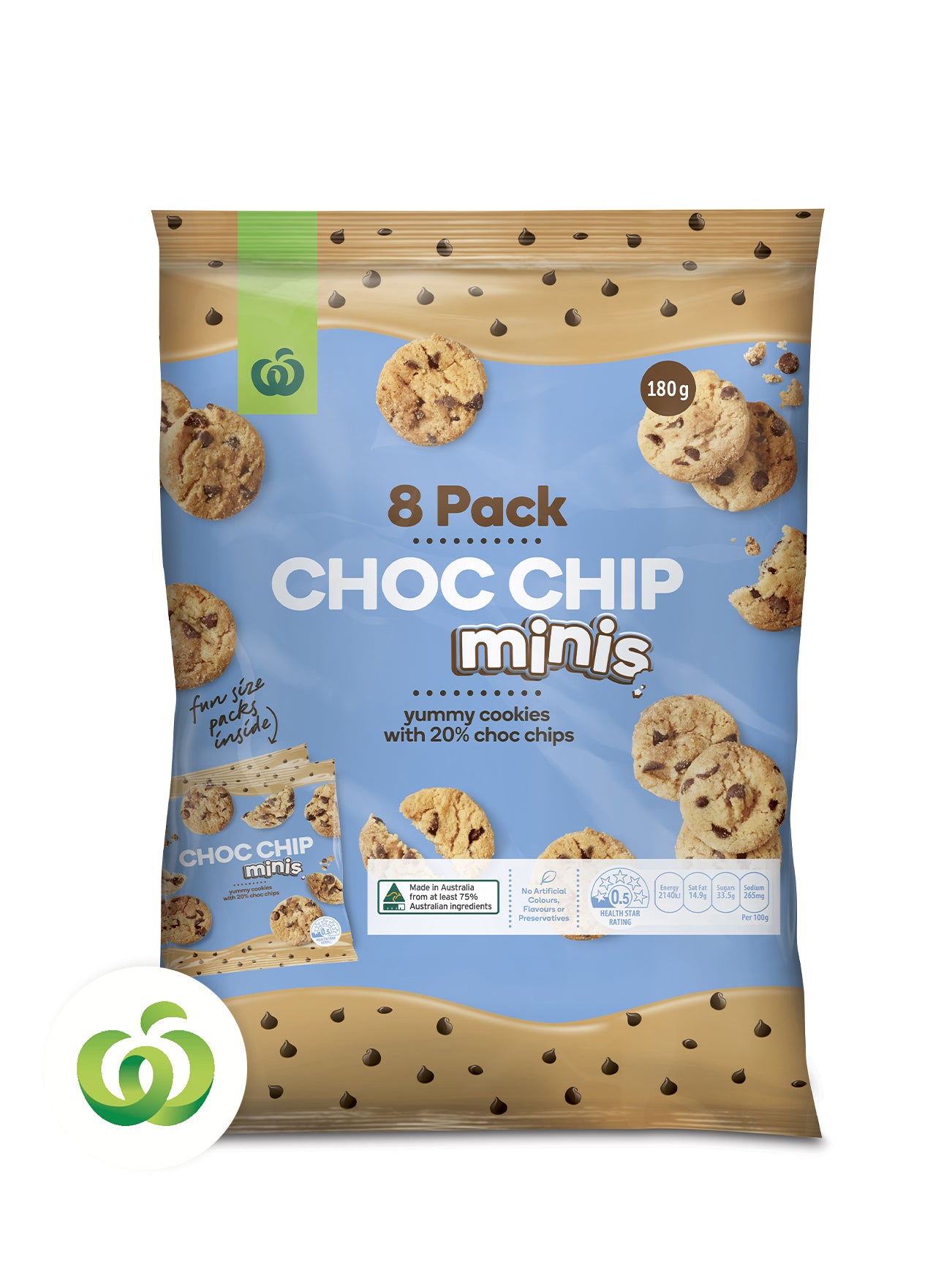 WOOLWORTHS CHOC CHIP MINIS BISCUITS 8PK 180G
