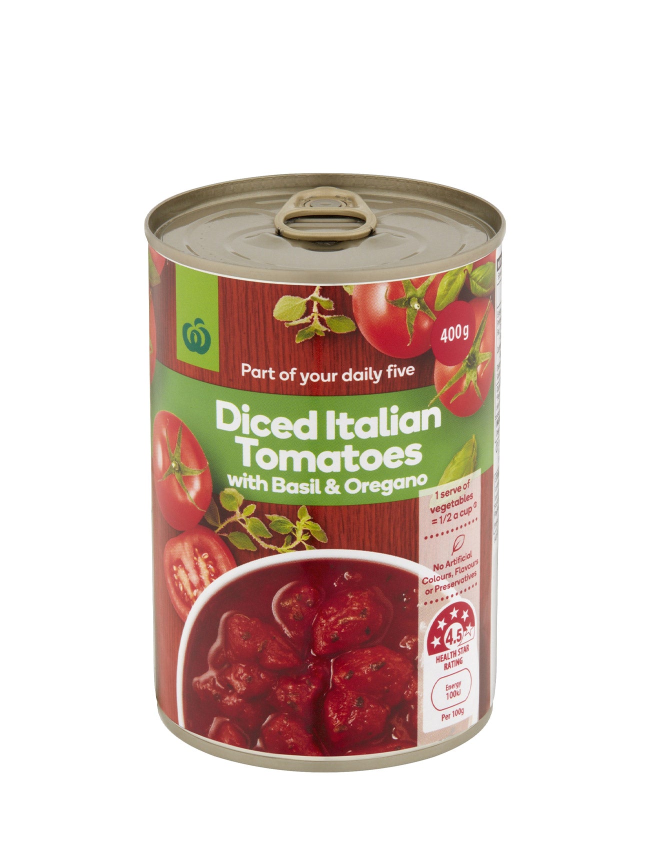 WOOLWORTHS DICED ITALIAN TOMATO BASIL&OREGANO 400G