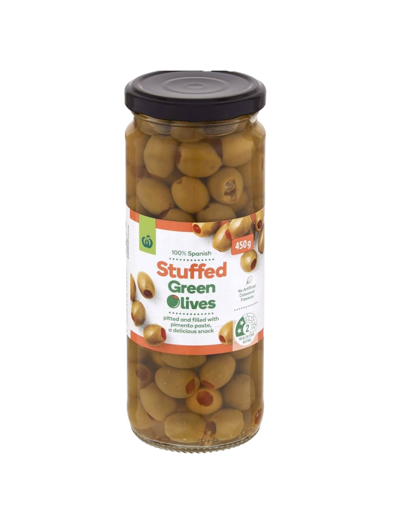 WOOLWORTHS GREEN STUFFED OLIVES 450G